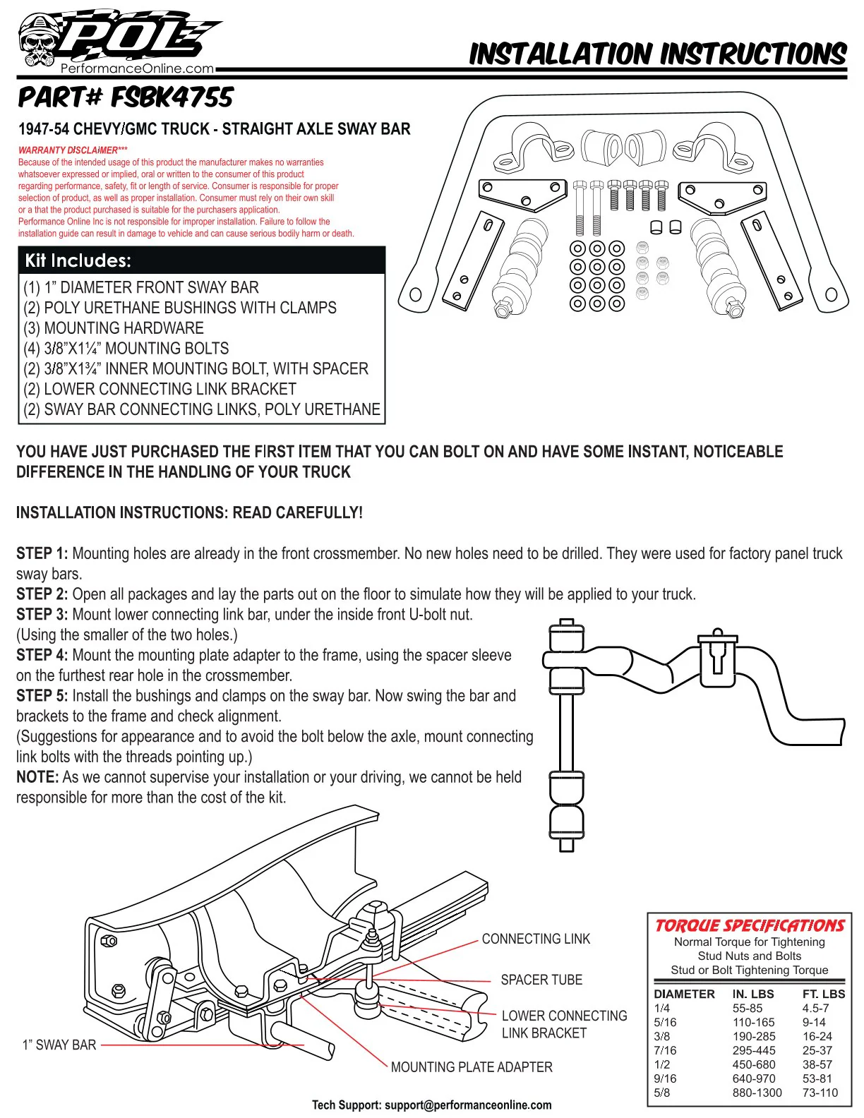 1947-55 Chevy, GMC Truck Performance Anti Sway Bar Kit, Front and Rear - Image 3