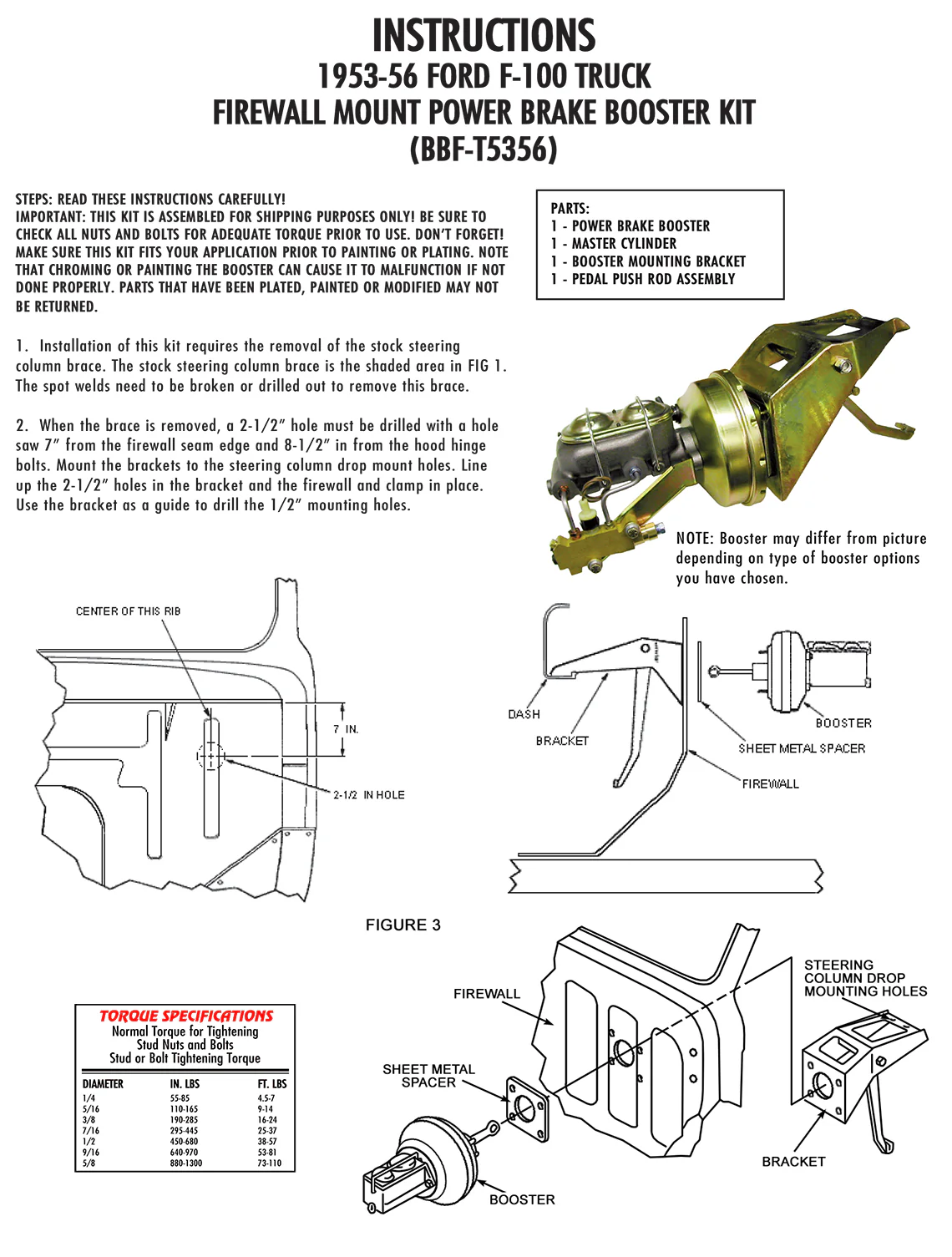 1953-56 Ford F-100 Truck Firewall Mount Power Brake Booster Kit, Chrome - Image 3