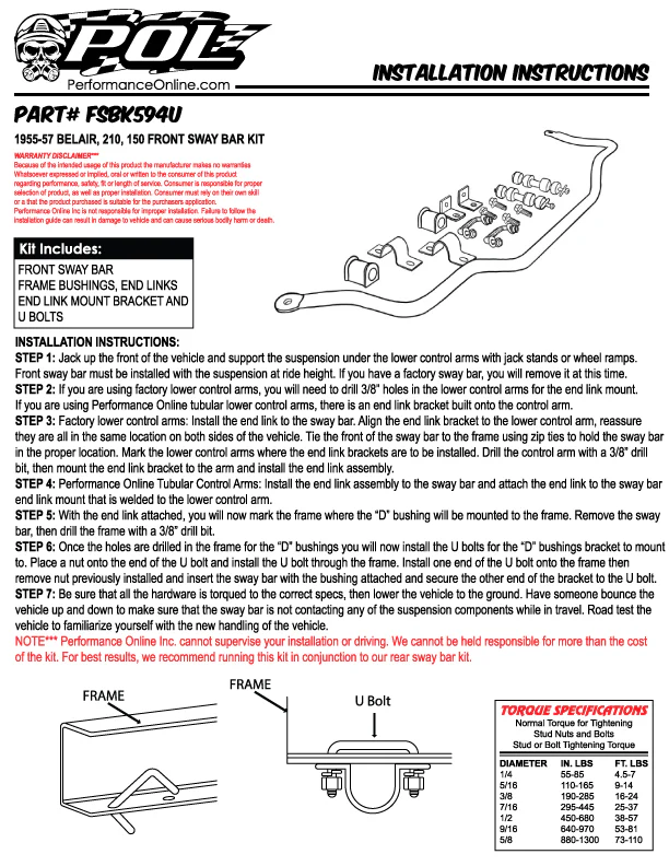 1955-57 Chevy Belair Front Sway Bar Kit - Image 3