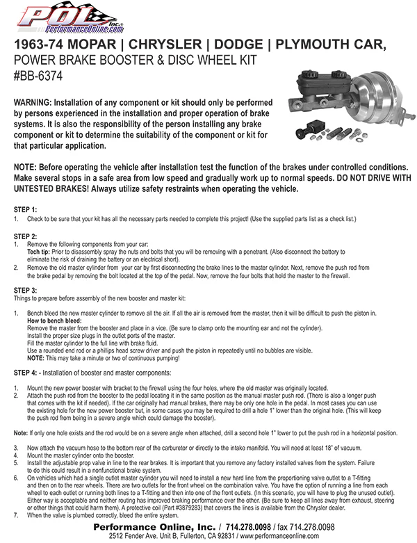 1962-74 Mopar, Dodge, Chrysler, Plymouth Car Power Brake Booster Kit - Image 4