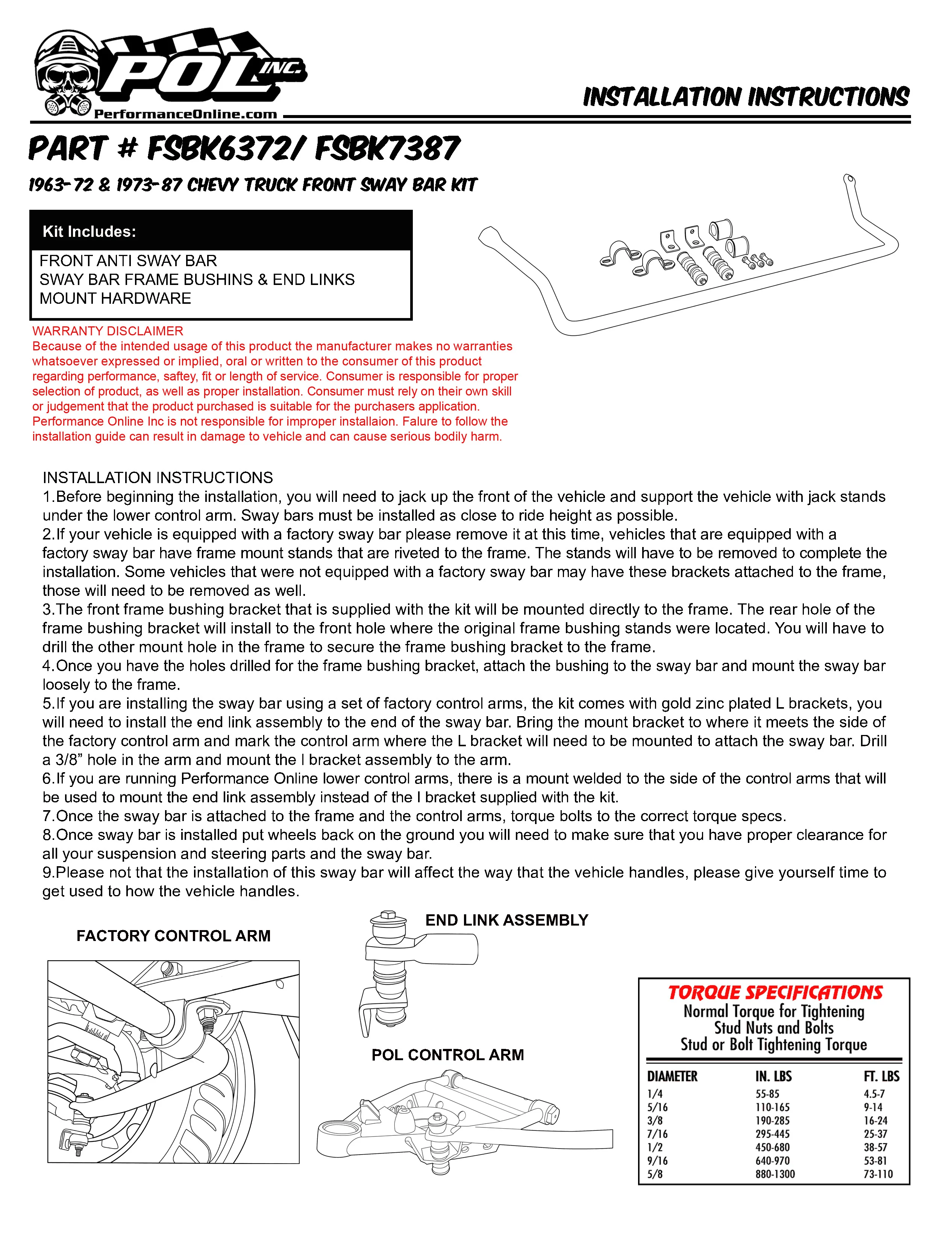 1963-72 Chevy, GMC Truck Sway Bar Kit, High Performance, Front - Image 5