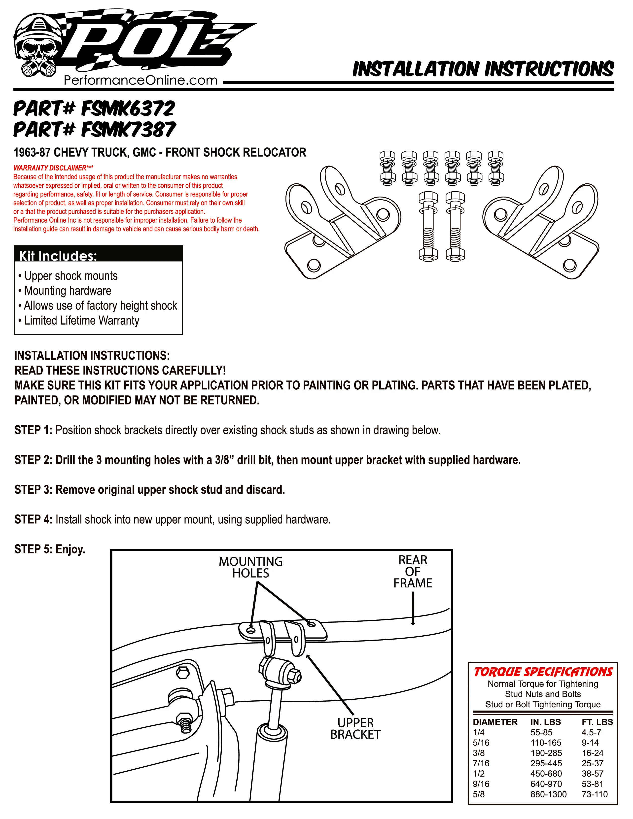 1963-87 Chevy, GMC Truck Shock Mount Relocation Kit for Lowered Trucks, Front - Image 6
