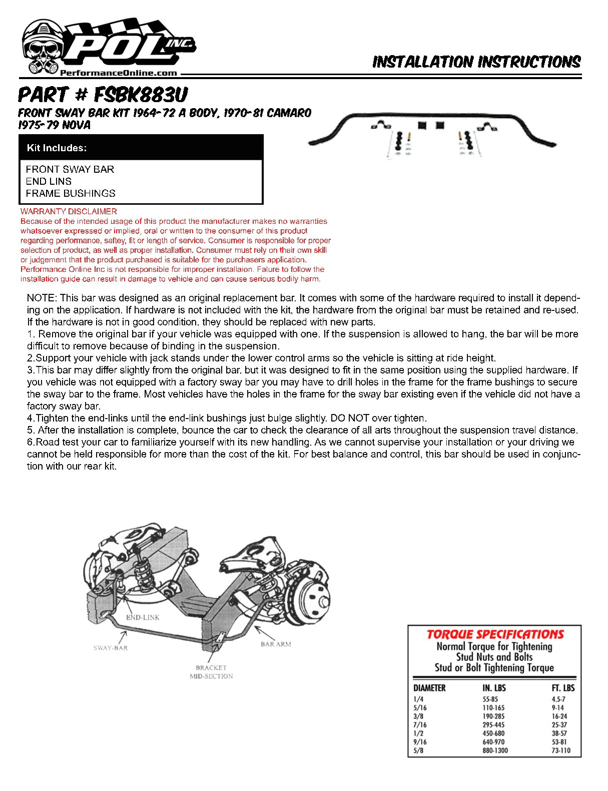 1964-72 Chevy Chevelle Performance Sway Bar Kit, FRONT - Image 3