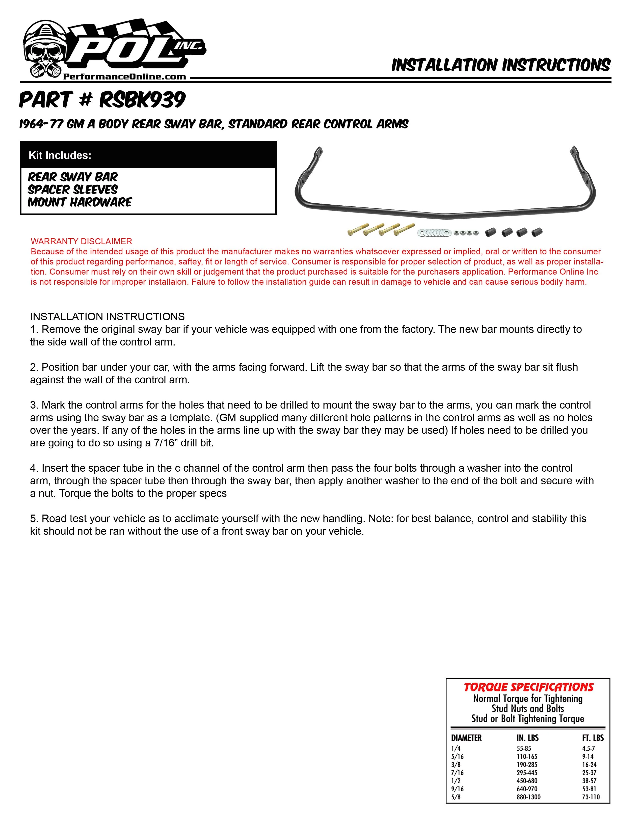 1964-77 Chevy Chevelle, GM A-Body Rear Sway Bar Kit - Image 4