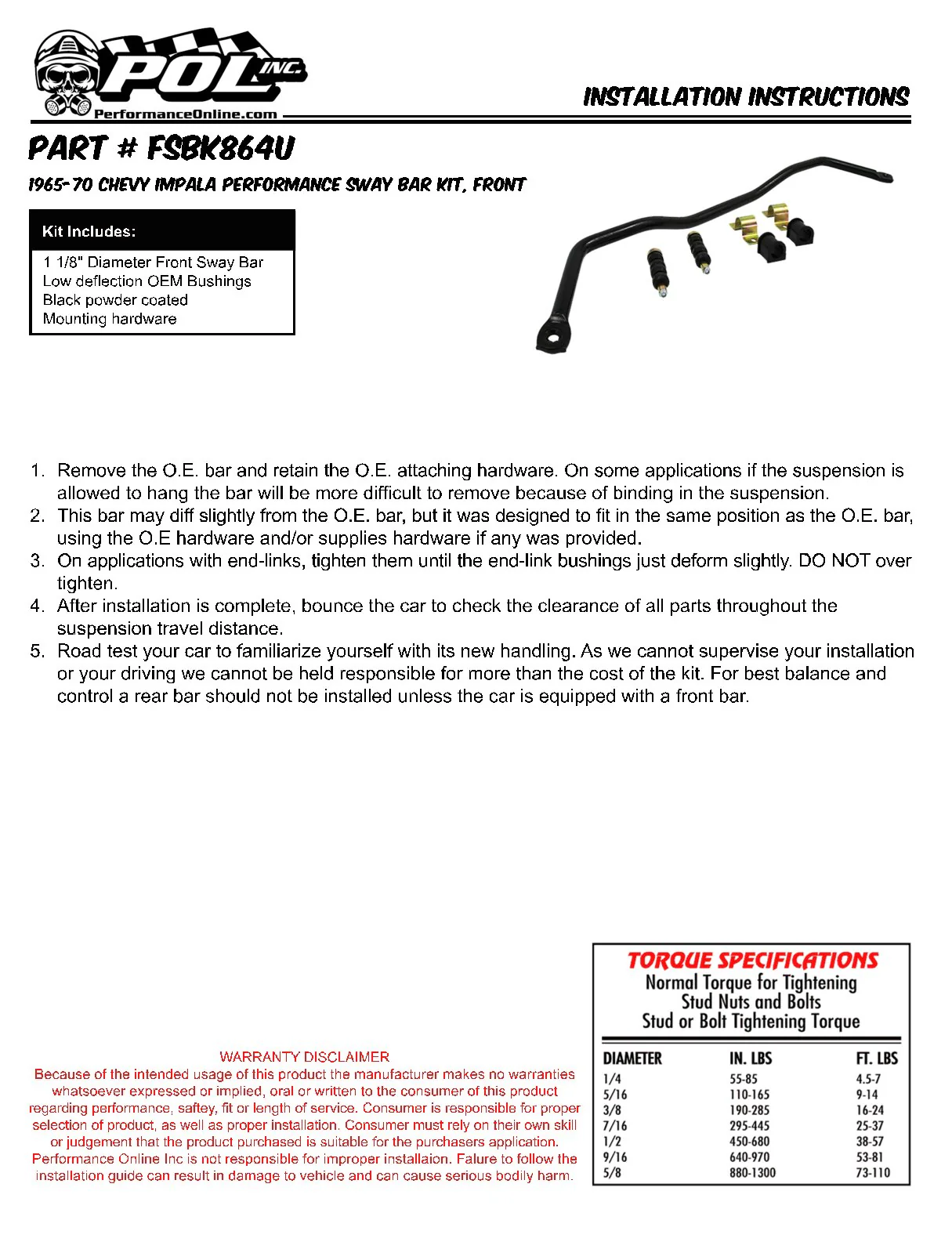 1965-70 Chevy Impala Performance Sway Bar Kit, FRONT - Image 3