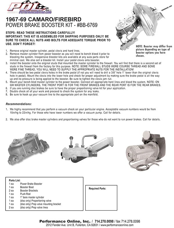 1967-69 Chevy Camaro Power Brake Booster Kit - Image 3