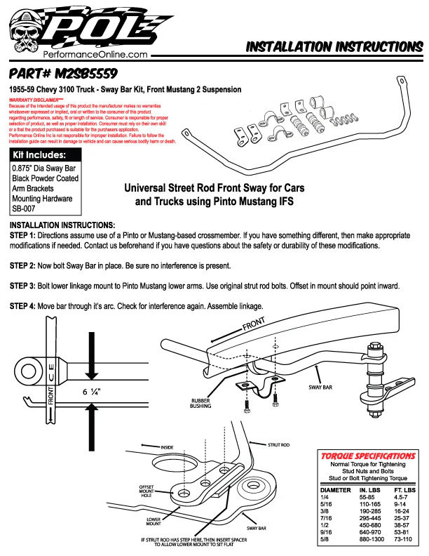 Sway Bar Kit, Front Mustang 2 Suspension, 1955-59 Chevy 3100 Truck - Image 3